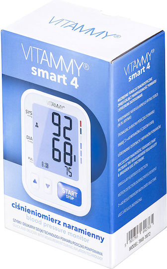 Tensiometru electronic de braț Vitammy Smart 4, port USB, măsurare în timpul umflării manșetei, detectare aritmie, memorie pentru 2 utilizatori x 60 de rezultate, dimensiune manșetă 22-42 cm, alb