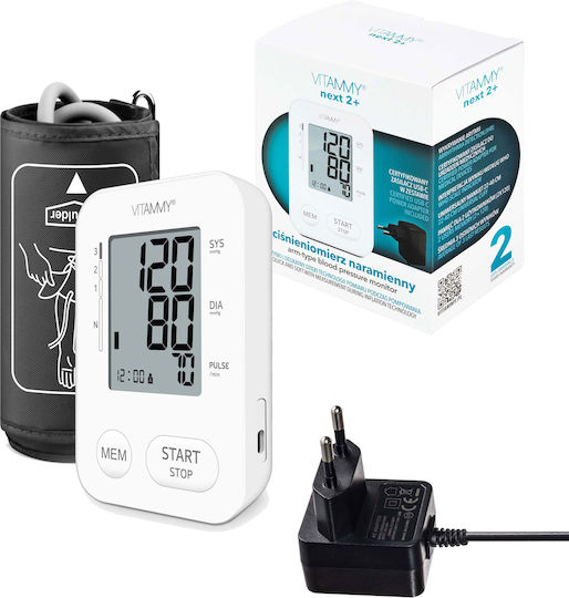 Tensiometru electronic de braț Vitammy Next 2+ cu port USB, adaptor inclus, detectare aritmie, memorie pentru 2 utilizatori, alb