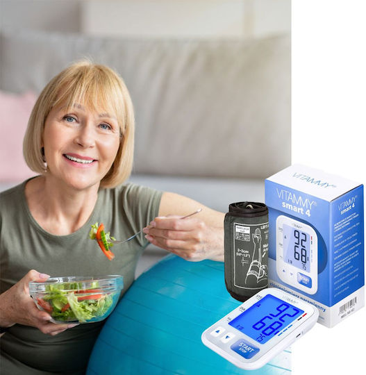 Tensiometru electronic de braț Vitammy Smart 4, port USB, măsurare în timpul umflării manșetei, detectare aritmie, memorie pentru 2 utilizatori x 60 de rezultate, dimensiune manșetă 22-42 cm, alb