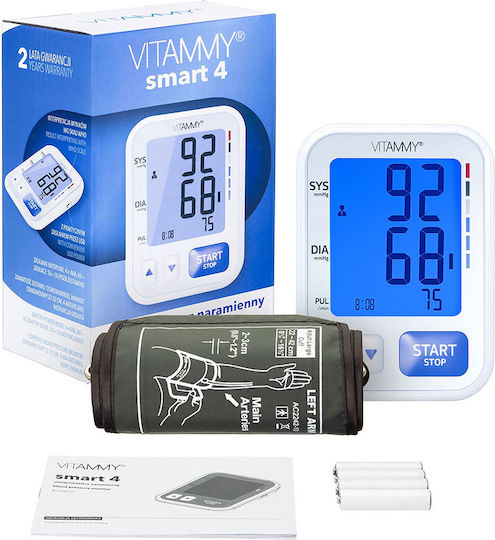 Tensiometru electronic de braț Vitammy Smart 4, port USB, măsurare în timpul umflării manșetei, detectare aritmie, memorie pentru 2 utilizatori x 60 de rezultate, dimensiune manșetă 22-42 cm, alb