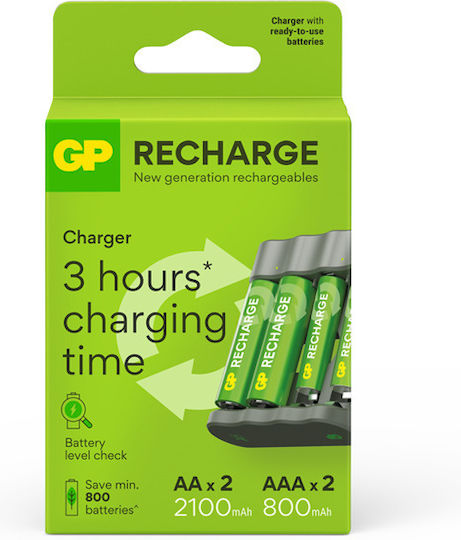GP Batteries ReCyko B441 Φορτιστής 4 Μπαταριών Ni-MH Μεγέθους AA/AAA Σετ με 2 x AA 2100 mAh + 2 x AAA 800 mAh
