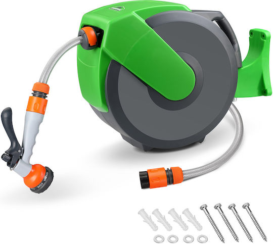 Tambur pentru furtun auto-retractabil Gardebruk 20 + 2 M Furtun de grădină Montare pe perete cu pivotare la 180 de grade Pistol de pulverizare 7-în-1 Conectori Gri Verde