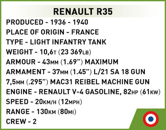 Cobi Building Blocks Renault R35 Valentine IX Panzer I for 7 Plus Years 595 Pieces