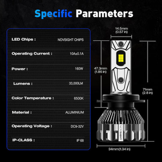NovSight Lamps Car & Motorcycle H7 LED 6500K Cold White 12-24V 160W 2pcs