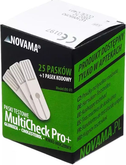 Pachet Dispozitiv 3 În 1 Măsurare Glucoză Colesterol Acid Uric Novama Multicheck Pro + Teste Acid Uric Cutie 25 Teste
