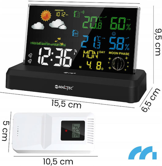 Wireless Weather Station Maltec Daily2000m Internal Temperature Range -9.9°C To 50°C Barometer Humidity Range 20% To 95% Sensor Included Black