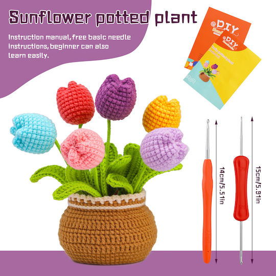 Set Complet de Croșetat DIY pentru Începători și Avansați Accesorii Fir Incluse Instrucțiuni Model Decorativ Ghiveci de Flori Lalele Multicolor
