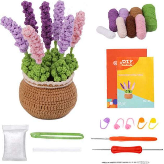 Set complet de croșetat DIY pentru începători și avansați, accesorii incluse, fire, unelte, instrucțiuni, model decorativ, ghiveci de flori lucrat manual, lavandă mov