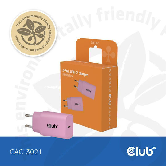 Club3D Зарядно без кабел с USB-C порт 30W Power Delivery Розов (CAC-3021)