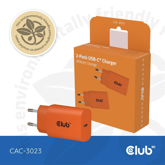 Club3D Charger Without Cable with USB-C Port 30W Power Delivery Orange (CAC-3023)