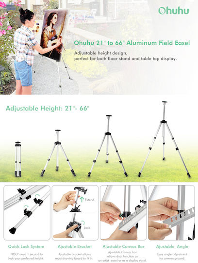 Ohuhu Ohuhu Șevalet Metalic Pliabil Reglabil 52-165cm Telescopic din Aluminiu cu Husă de Transport