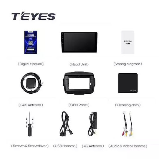 Teyes Cc3 2k 360° Автомобилна навигация за Jeep Renegade 2014-2018 6+128GB 9.5" QLED Осемядрен 2GHz Android 4G Bluetooth 5.1 DSP