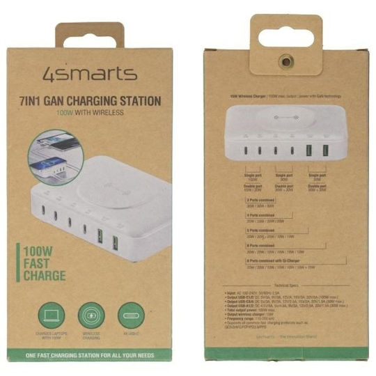 4Smarts Βάση Φόρτισης GaN με 2 Θύρες USB-A και 4 Θύρες USB-C 100W Power Delivery σε Λευκό χρώμα (7in1)