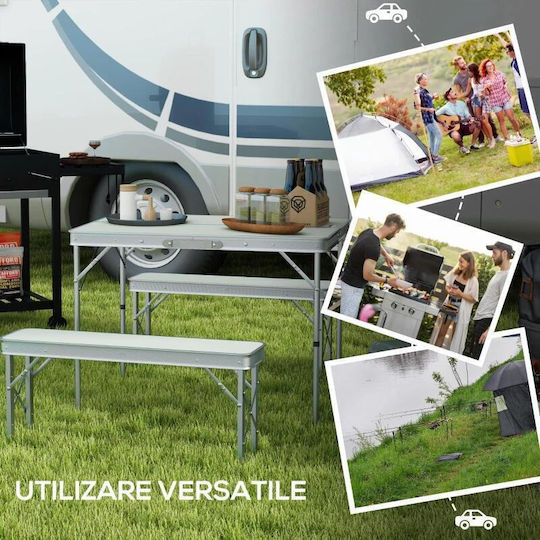 Set Mobilier Camping Grădină Pliabil 1 Masă 2 Bănci MDF Aluminiu Alb 90 Cm Frankfurt