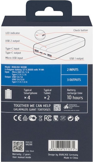 Rivacase VA2081 Power Bank 20000mAh 10W cu 2 Porturi USB-A și Port USB-C Negru