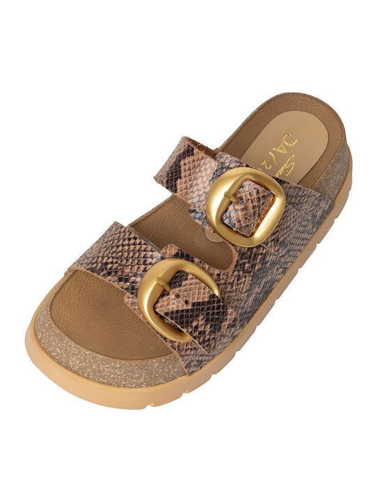 Leather Women's Flat Sandals in Tabac Brown Color