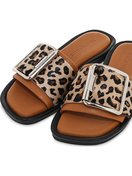 Leather Women's Flat Sandals in Tabac Brown Color