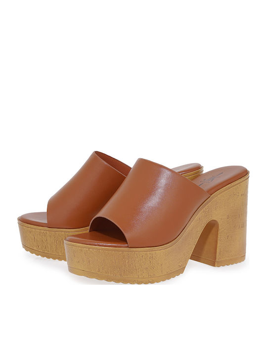 Mules with High Heel in Tabac Brown Color