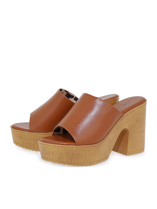 Mules with High Heel in Tabac Brown Color