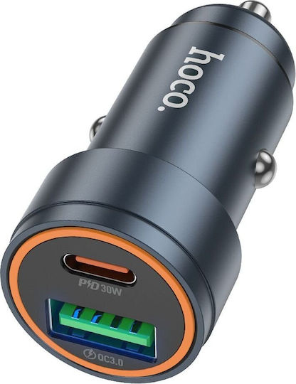 Hoco Z57A Auto-Ladegerät 30W 3A Schnellladung mit Anschlüssen: 1xUSB 1xType-C Gray Farbe