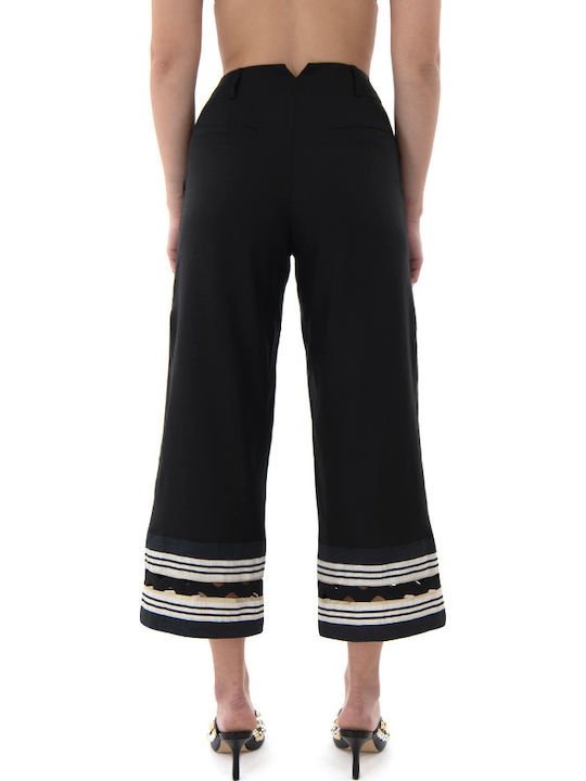 Access Women's High-waisted Fabric Capri Trousers Relaxed Fit Ecru-black Access Women's High-waisted Fabric Capri Trousers Relaxed Fit Ecru-black