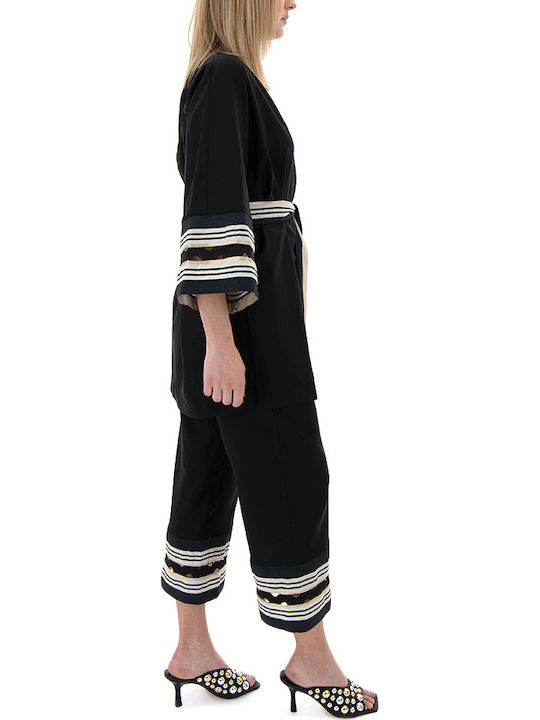 Women's High-waisted Fabric Capri Trousers Relaxed Fit Ecru-black
