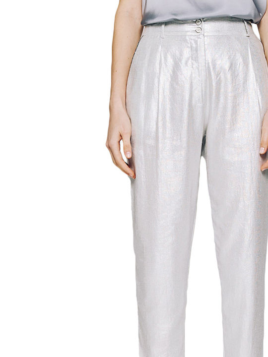 Damen Hoch tailliert Leinen Hose Silver