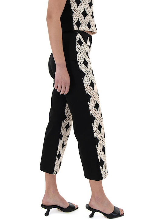 Women's High Rise Fabric Capri Trousers in Ecru-Black 53-5082-559-Black