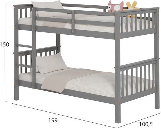 Lantai Kids Bed Bunk Single Gray for Mattress 90x190cm
