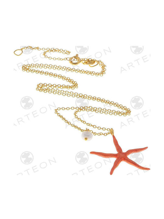 Arteon Star Design Necklace Made of Gold Plated Silver with Orange Pearls