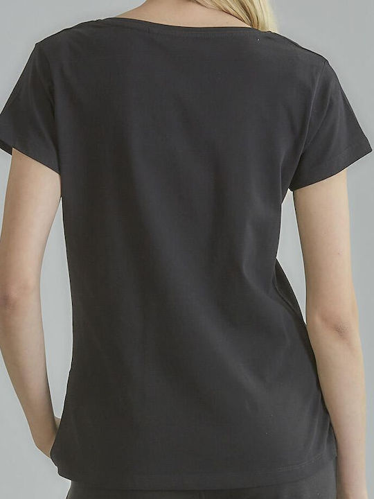 Women's Blouse Cotton Short Sleeve with V Neckline Black