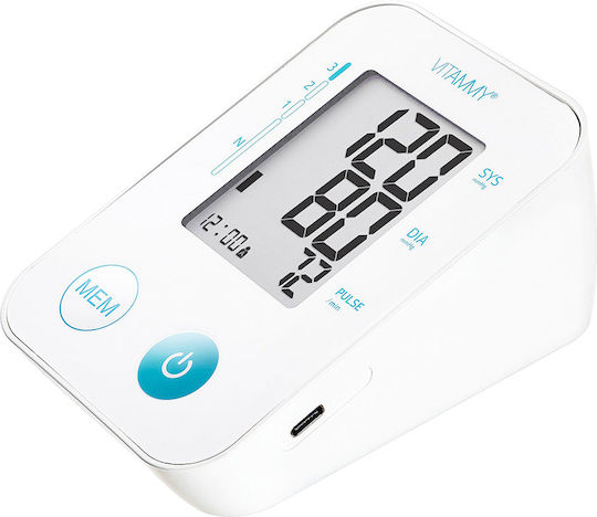 Tensiometru electronic de braț Vitammy Next Basic Power C include adaptor de alimentare, măsurare în timpul umflării manșetei, memorie pentru 2 utilizatori, husă de protecție, dimensiune manșetă 22-40 cm, alb