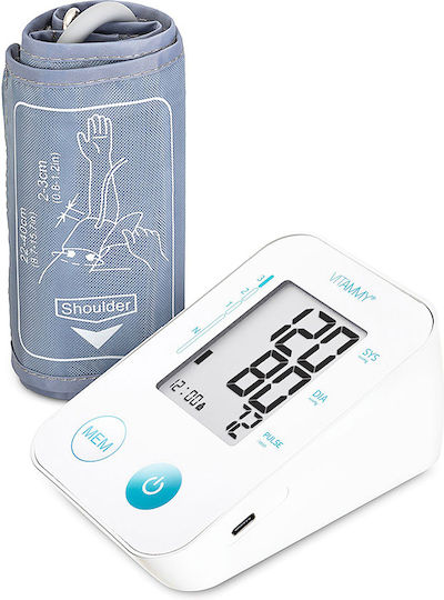 Tensiometru electronic de braț Vitammy Next Basic Power C include adaptor de alimentare, măsurare în timpul umflării manșetei, memorie pentru 2 utilizatori, husă de protecție, dimensiune manșetă 22-40 cm, alb