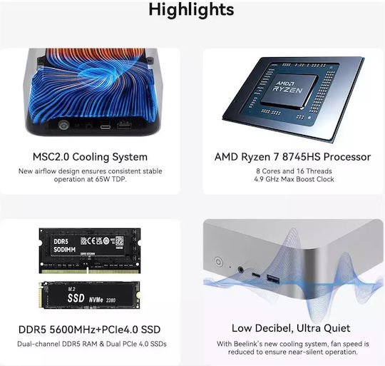 Beelink SER8 Mini PC (Ryzen 7 8745HS/24GB DDR5/Frost Silver/1TB SSD/W11 Pro)