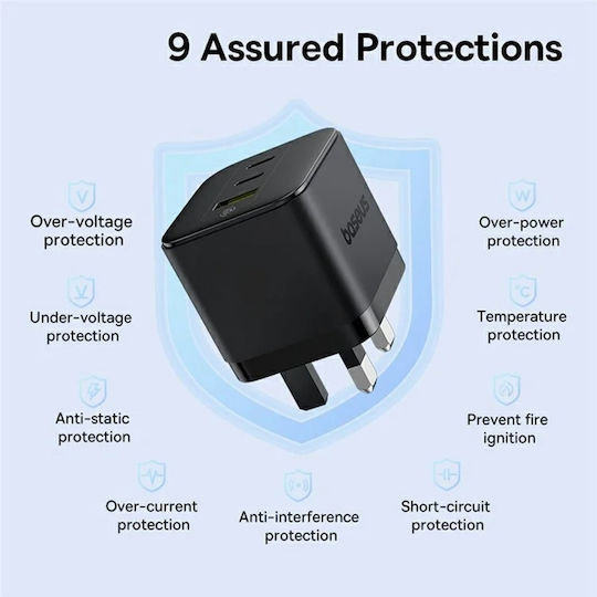 Baseus Baseus GaN Handyladegerät Ohne Kabel Mit USB-A Ausgangsanschluss Und 2 USB-C Ausgangsanschlüsse 65W Schnellladetechnologie 3.0 Schwarze