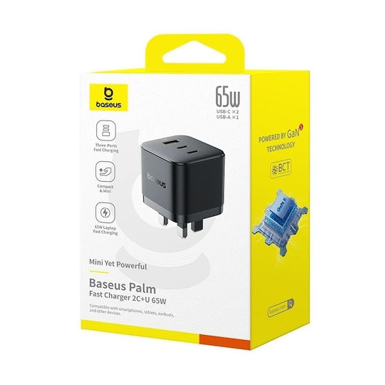 Baseus Baseus GaN Handyladegerät Ohne Kabel Mit USB-A Ausgangsanschluss Und 2 USB-C Ausgangsanschlüsse 65W Schnellladetechnologie 3.0 Schwarze
