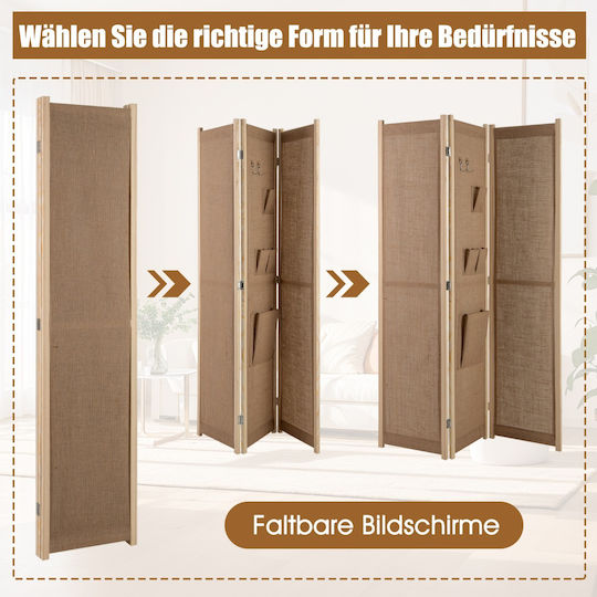 Costway Folding Room Divider with Storage Pockets and Hooks 170 X 121 Cm High-Quality Faux Linen Sturdy Wooden Frame Jv11821na