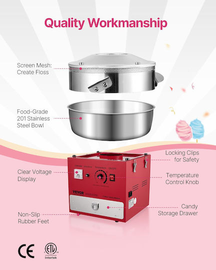 Vevor Commercial Cotton Candy Machine Confectionery Machine 1000w Party Red
