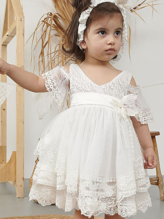 Bonito Baby White Baptism Clothing Set with Hair Accessories & Dress made of Tulle 2pcs