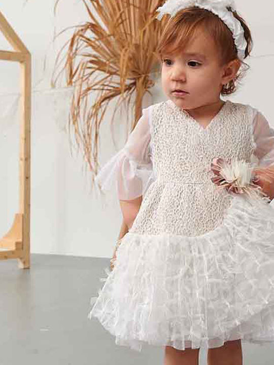 Bonito Baby White Baptism Clothing Set with Hair Accessories & Dress made of Tulle 2pcs