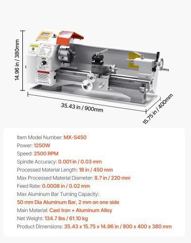 Vevor Μηχανουργικός Τόρνος QZDCLWCC8718VDYLAV2 με Ισχύ 1.25kW