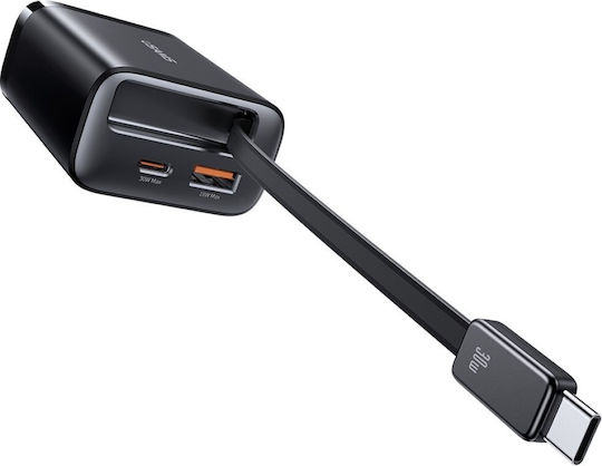 Usams Ladegerät mit integriertem Kabel GaN mit USB-A Anschluss und USB-C Anschluss USB-C 30W Stromlieferung Schwarzs (CC296)