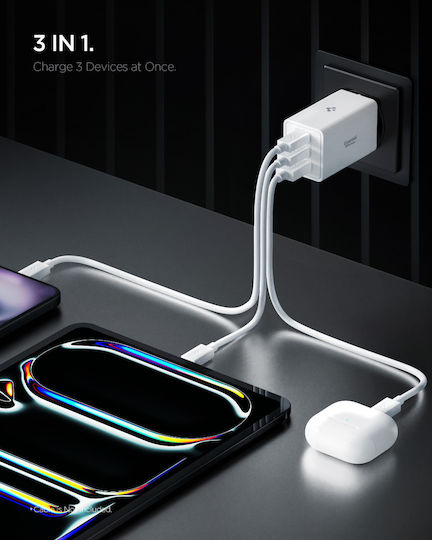 Spigen Φορτιστής Χωρίς Καλώδιο GaN με Θύρα USB-A και 2 Θύρες USB-C 67W Power Delivery / Quick Charge 3.0 Λευκός (Essential)
