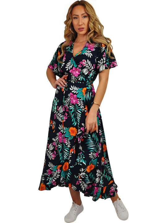 Summer Midi Dress Wrap with Ruffles Blue
