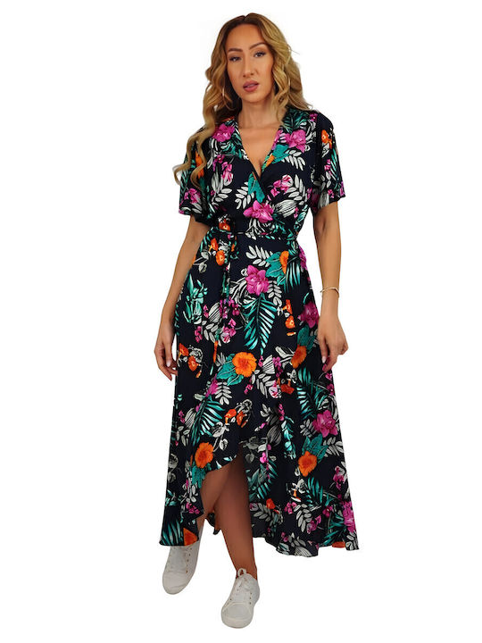 Summer Midi Dress Wrap with Ruffles Blue