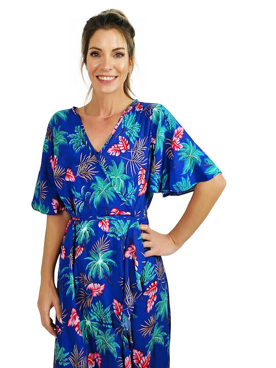 Summer Maxi Dress Wrap with Ruffle Blue