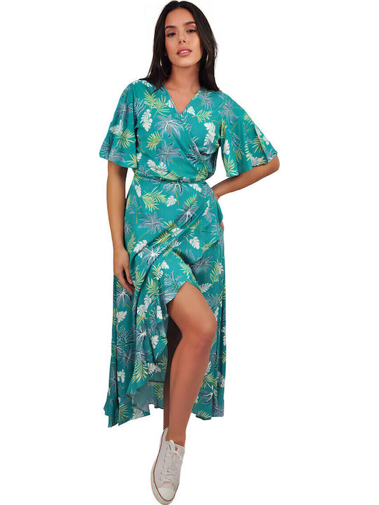 Summer Midi Dress Wrap with Ruffles Tropical Print