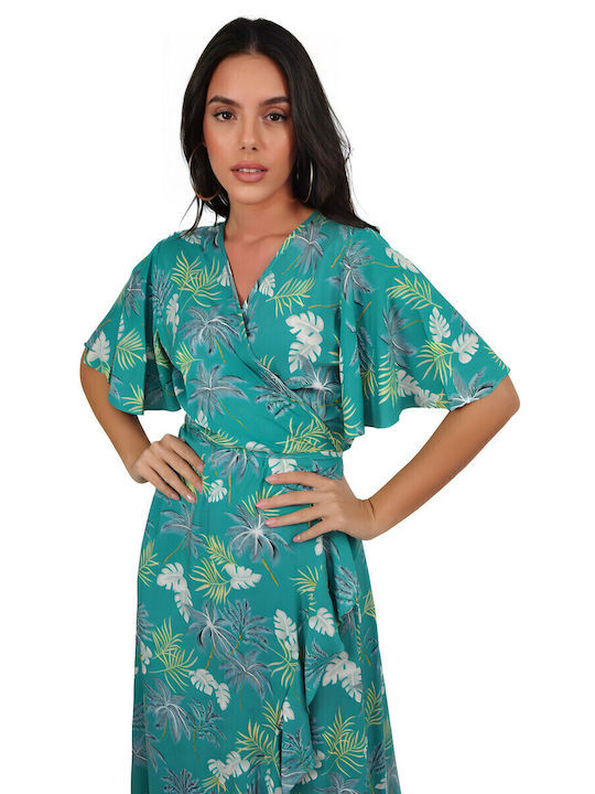 Summer Midi Dress Wrap with Ruffles Tropical Print