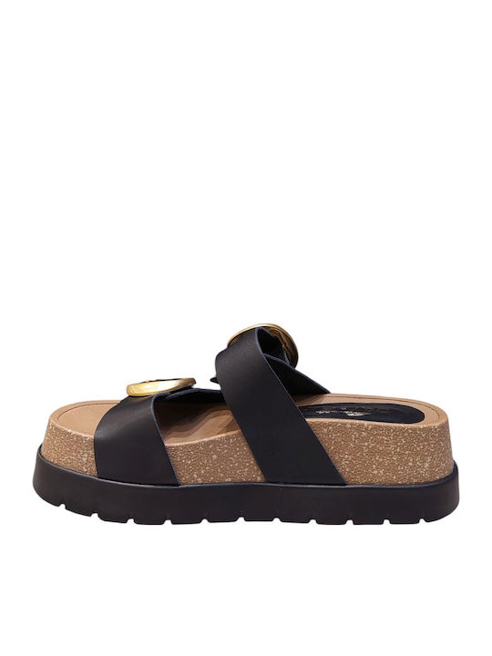 Leather Women's Flat Sandals Flatforms in Black Color