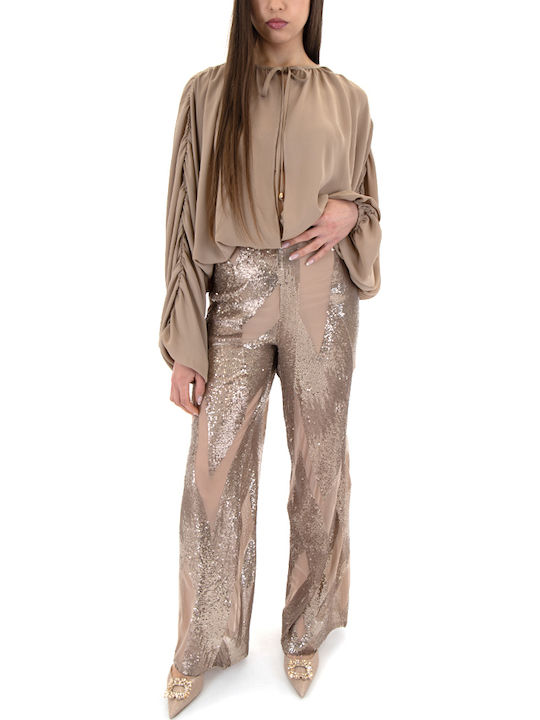 Women's Fabric Trousers with Elastic Straight Line Beige